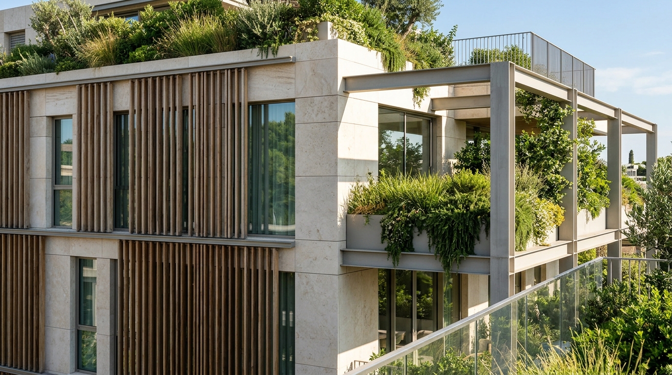 Contemporary sustainable commercial building facade with natural greenery